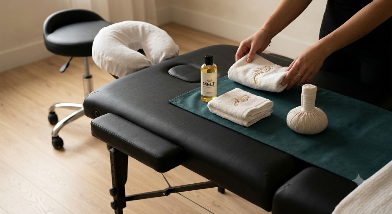 A MELT therapist preparing a massage table with towels, oils and herbal compress
